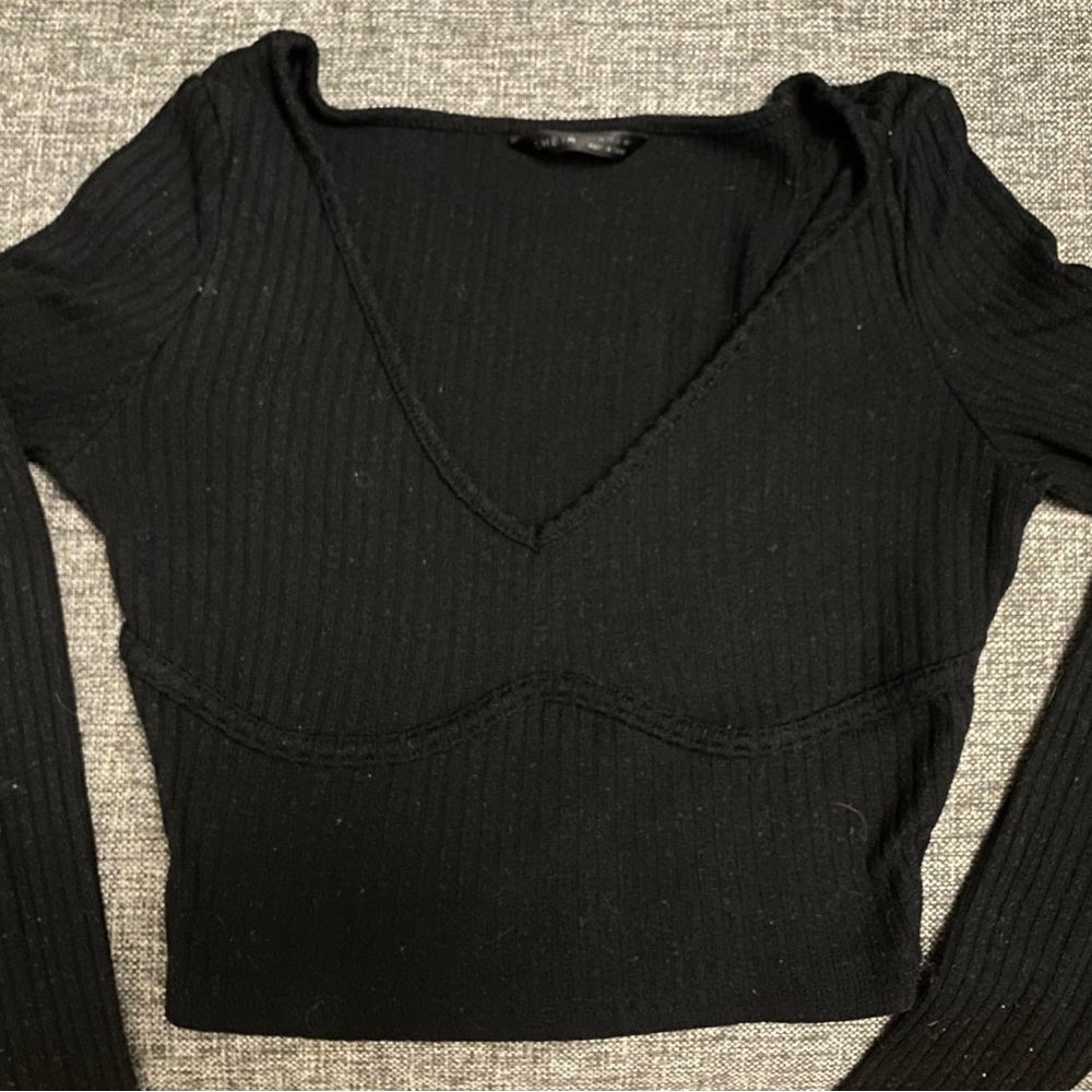 SHEIN Black Ribbed V-Neck Top